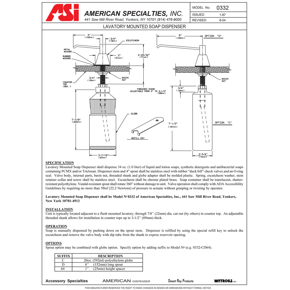 ASI 0332-C Commercial Liquid Soap Dispenser, Countertop Mounted, Manual-Push, Stainless Steel - 4" Spout Length - Image 3