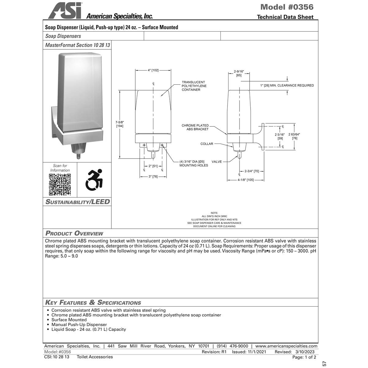 ASI 0356 Commercial Liquid Soap Dispenser, Surface-Mounted, Manual-Push, Plastic - 24 Oz - Image 4