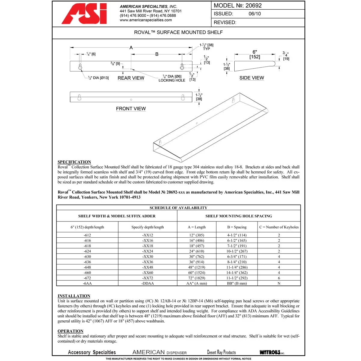 ASI 20692-672 Commercial Heavy Duty Bathroom Shelf, 6" D x 72" L, Roval-Surface-Mounted, Stainless Steel - Image 3