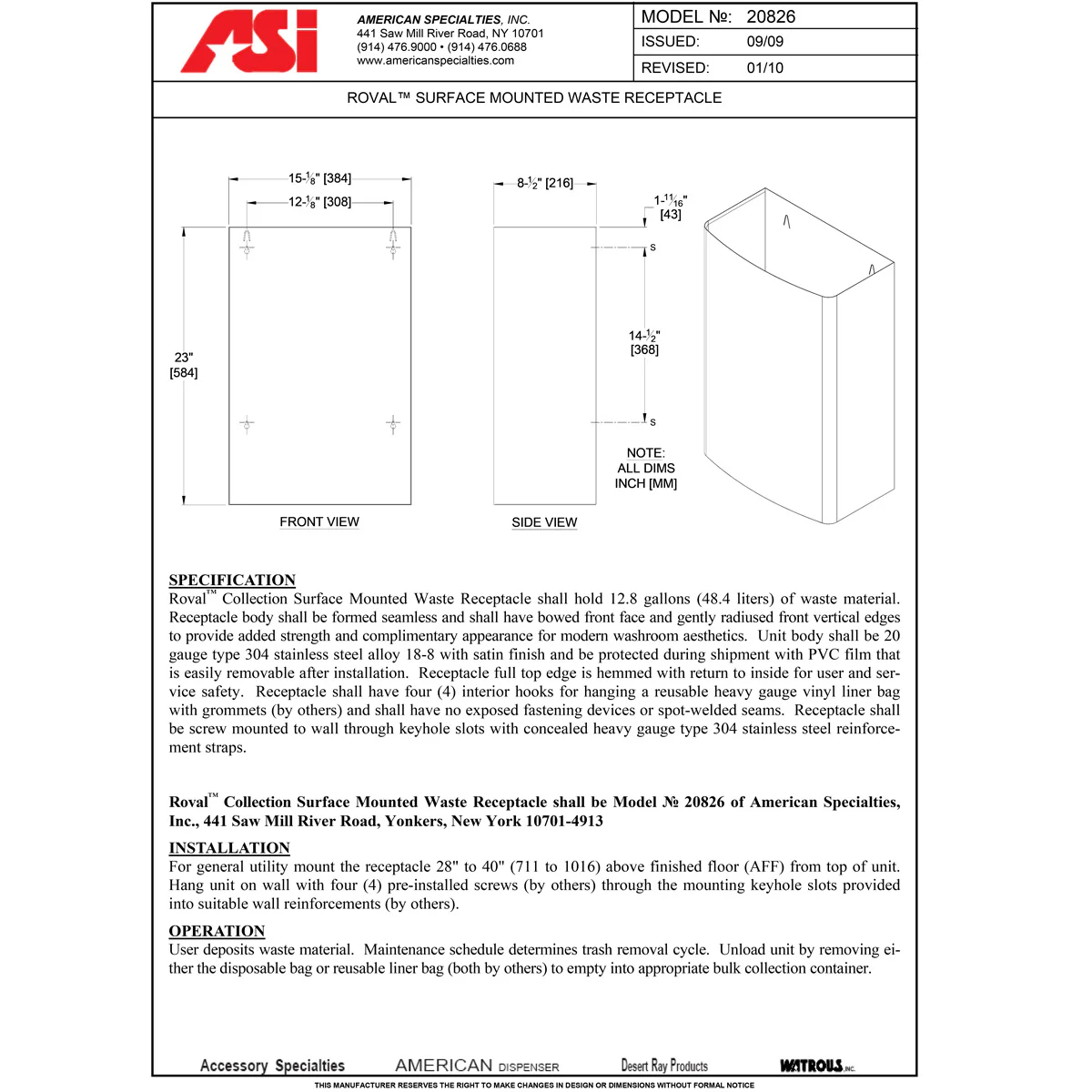 ASI 20826 Commercial Restroom Waste Receptacle, 12 Gallon, Roval-Surface-Mounted, 15-1/8" W x 23" H, 8-1/2" D, Stainless Steel - Image 3