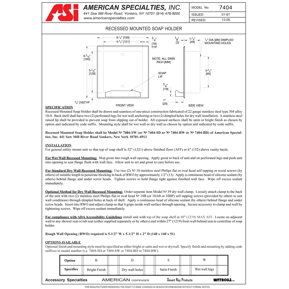 ASI 7404-SW Commercial Bar Soap Dish, Recessed-Mounted, Manual-Push, Stainless Steel - Image 3