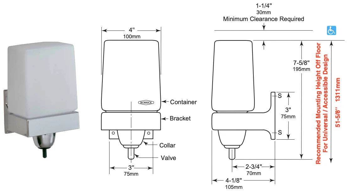 Bobrick B-155 Commercial Liquid Soap Dispenser, Surface-Mounted, Manual-Push, Plastic - 24 Oz - Image 6