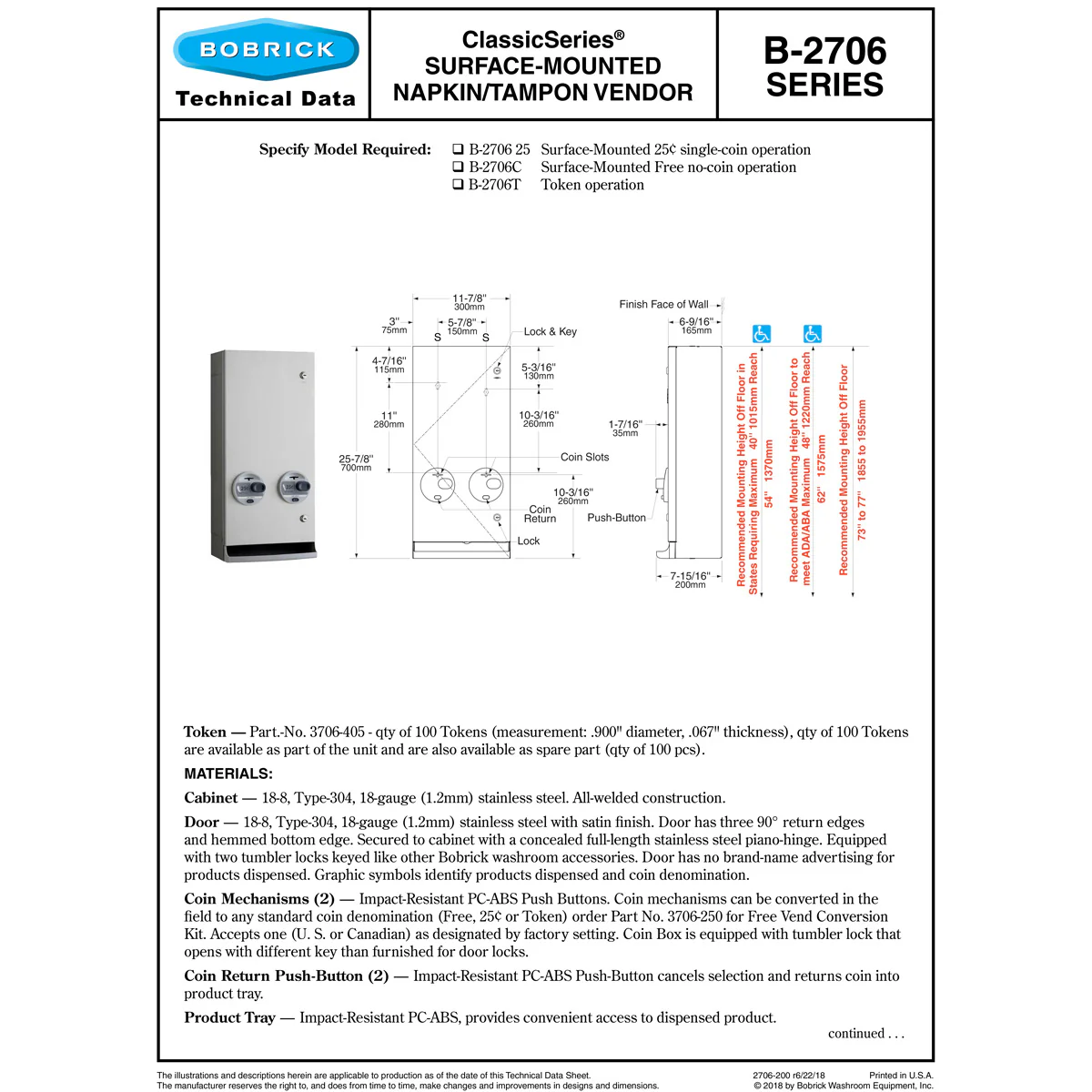Bobrick B-2706 25 Commercial Restroom Sanitary Napkin/ Tampon Dispenser, 25 Cents, Surface-Mounted, Stainless Steel - Image 3