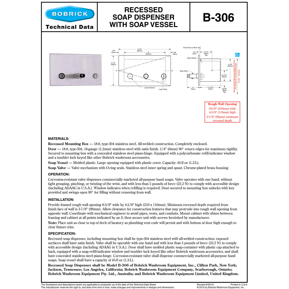 Bobrick B-306 Commercial Fluid Soap Dispenser, Recessed-Mounted, Manual-Push, Stainless Steel - 45 Oz - Image 4