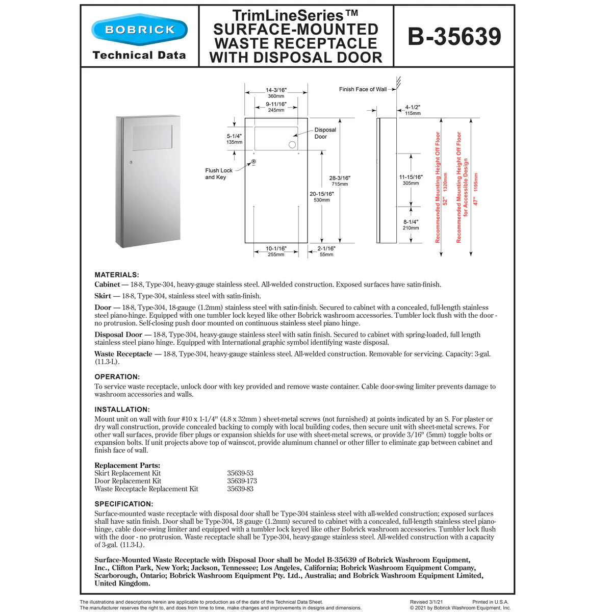 Bobrick B-35639 Commercial Restroom Sanitary Waste Bin, 11 L, Surface-Mounted, 14-3/16" W x 28-3/16" H, 4-1/2" D, Stainless Steel - Image 3