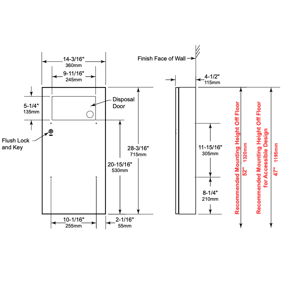 Bobrick B-35639 Commercial Restroom Sanitary Waste Bin, 11 L, Surface-Mounted, 14-3/16" W x 28-3/16" H, 4-1/2" D, Stainless Steel - Image 5