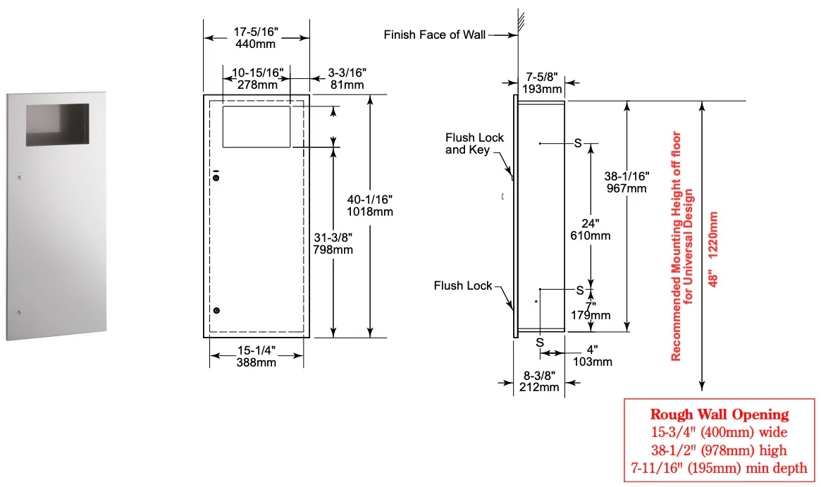 Bobrick B-35643 Commercial Restroom Sanitary Waste Bin, 45 L, Recessed, 15-3/4" W x 38-1/2" H, 7-11/16" D, Stainless Steel - Image 4