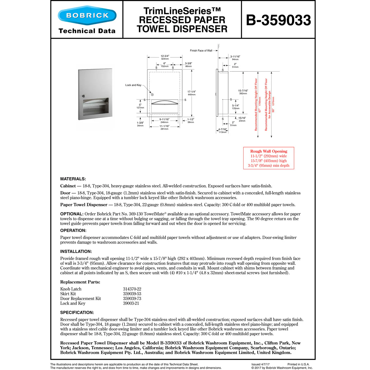 Bobrick B-359033 Commercial Paper Towel Dispenser, Recessed-Mounted, Stainless Steel - Image 3