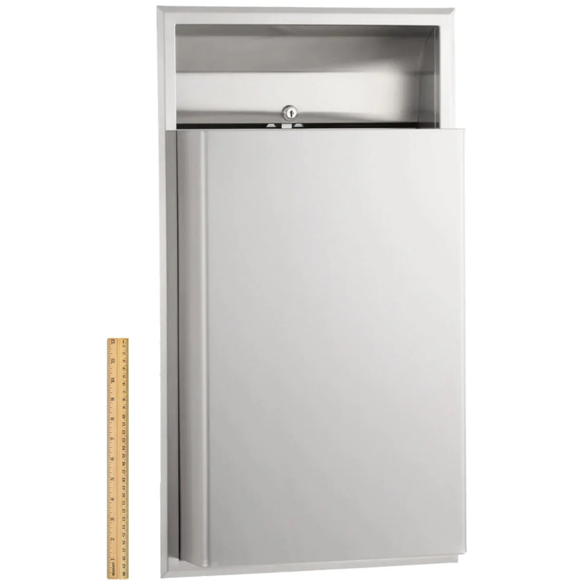 Bobrick B-3644 Commercial Restroom Sanitary Waste Bin, 12 Gallon, Recessed-Mounted, 16" W x 29-1/4" H, 4" D, Stainless Steel - Image 5