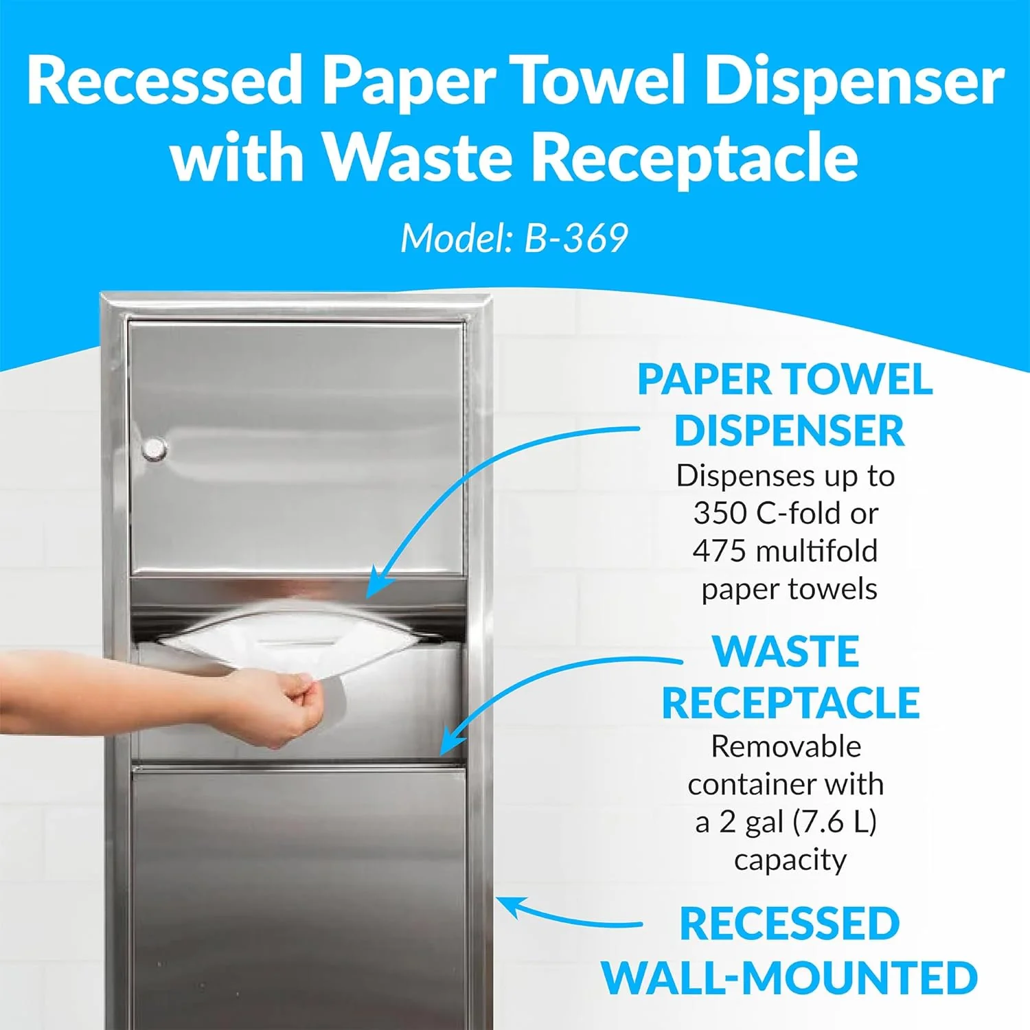 Bobrick B-369 Combination Commercial Paper Towel Dispenser/Waste Receptacle, Recessed-Mounted, Stainless Steel - Image 11