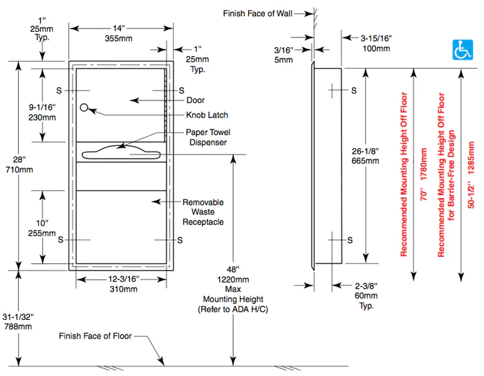 Bobrick B-369 Combination Commercial Paper Towel Dispenser/Waste Receptacle, Recessed-Mounted, Stainless Steel - Image 9