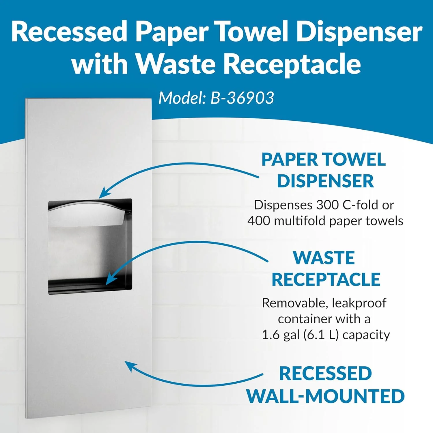 Bobrick B-36903 Combination Commercial Paper Towel Dispenser/Waste Receptacle, Recessed-Mounted, Stainless Steel - Image 11