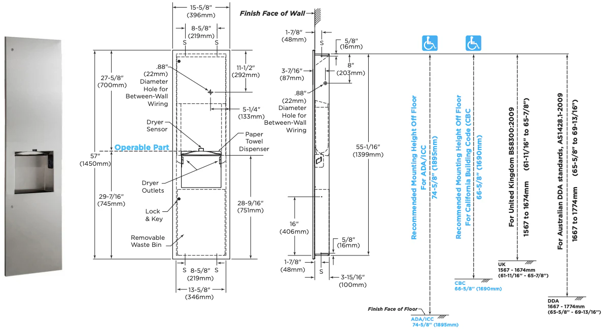 Bobrick B-38030 Automatic Commercial Paper Towel Dispenser/Hand Dryer/Waste Receptacle, Recessed-Mounted, Stainless Steel - Image 4