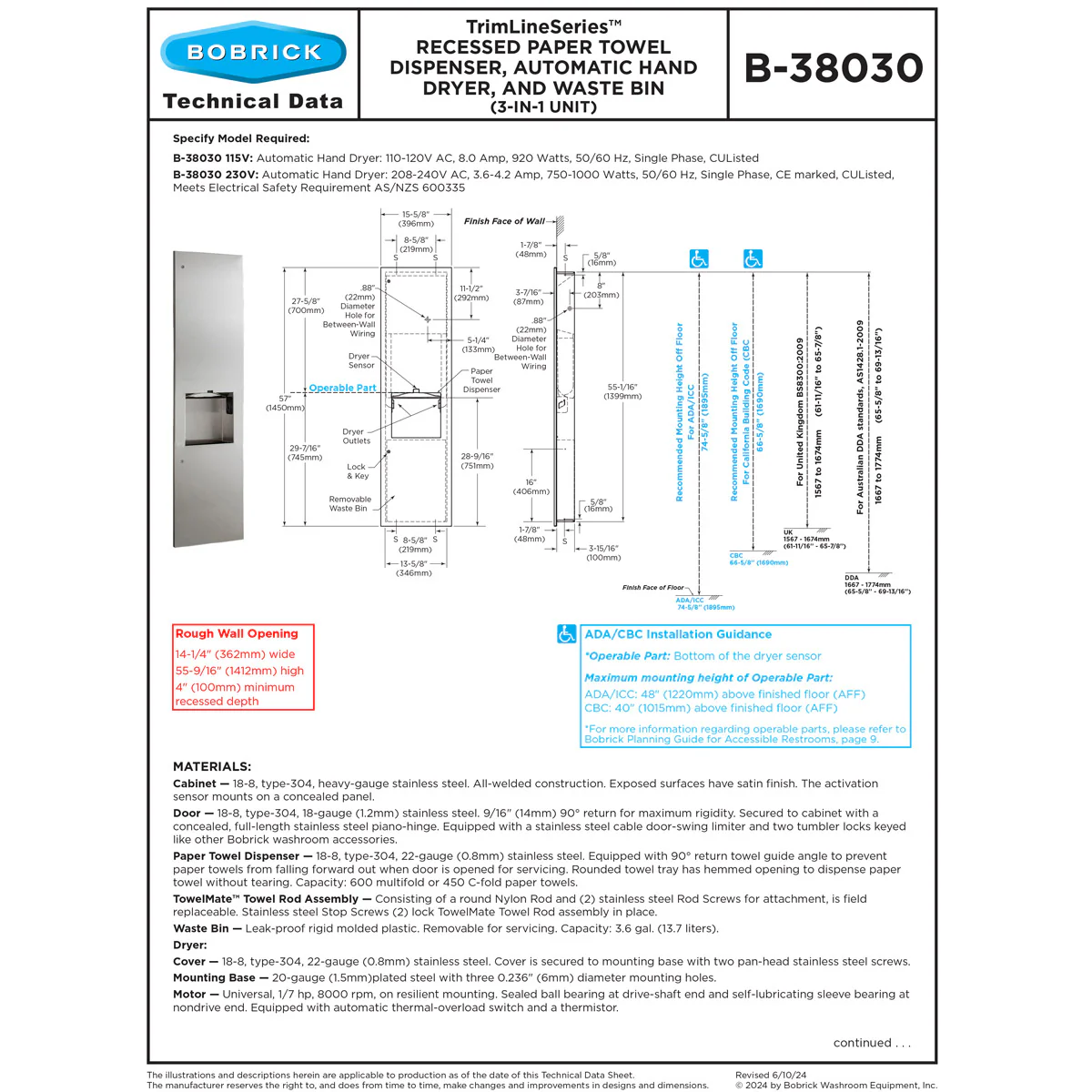 Bobrick B-38030 Automatic Commercial Paper Towel Dispenser/Hand Dryer/Waste Receptacle, Recessed-Mounted, Stainless Steel - Image 5