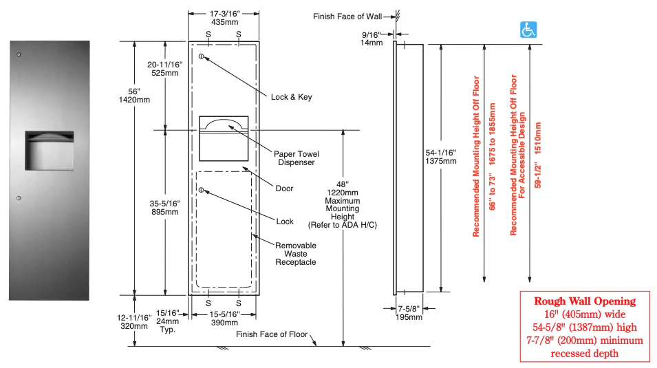 Bobrick B-39003 Combination Commercial Paper Towel Dispenser/Waste Receptacle, Recessed-Mounted, Stainless Steel - Image 3
