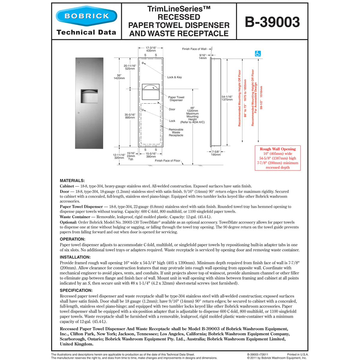 Bobrick B-39003 Combination Commercial Paper Towel Dispenser/Waste Receptacle, Recessed-Mounted, Stainless Steel - Image 4