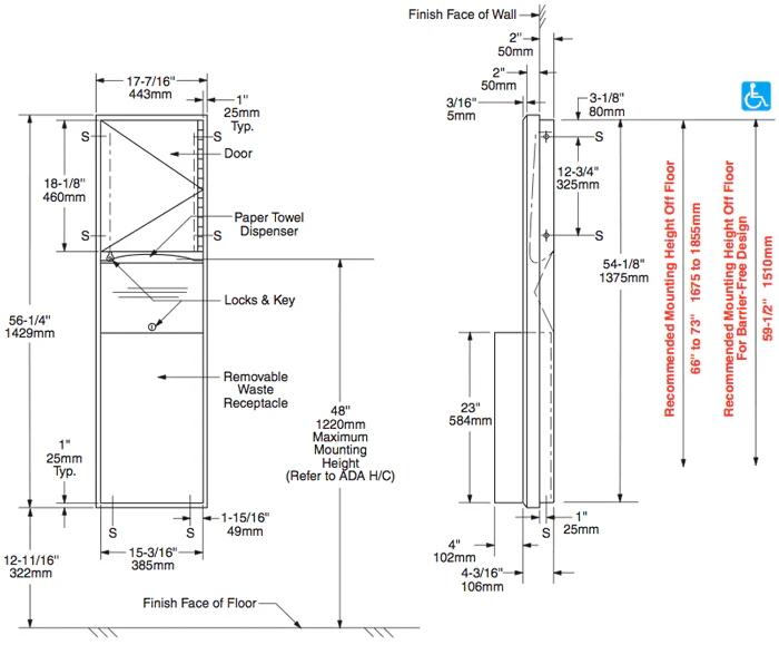 Bobrick B-3942 Combination Commercial Paper Towel Dispenser/Waste Receptacle, Semi-Recessed-Mounted, Stainless Steel - Image 3