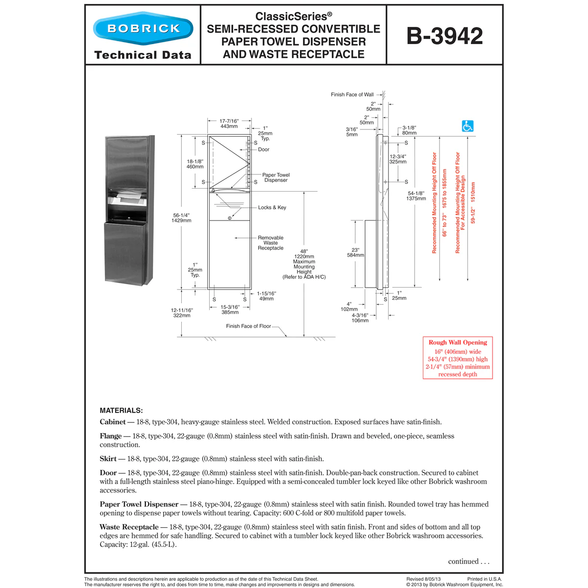 Bobrick B-3942 Combination Commercial Paper Towel Dispenser/Waste Receptacle, Semi-Recessed-Mounted, Stainless Steel - Image 4