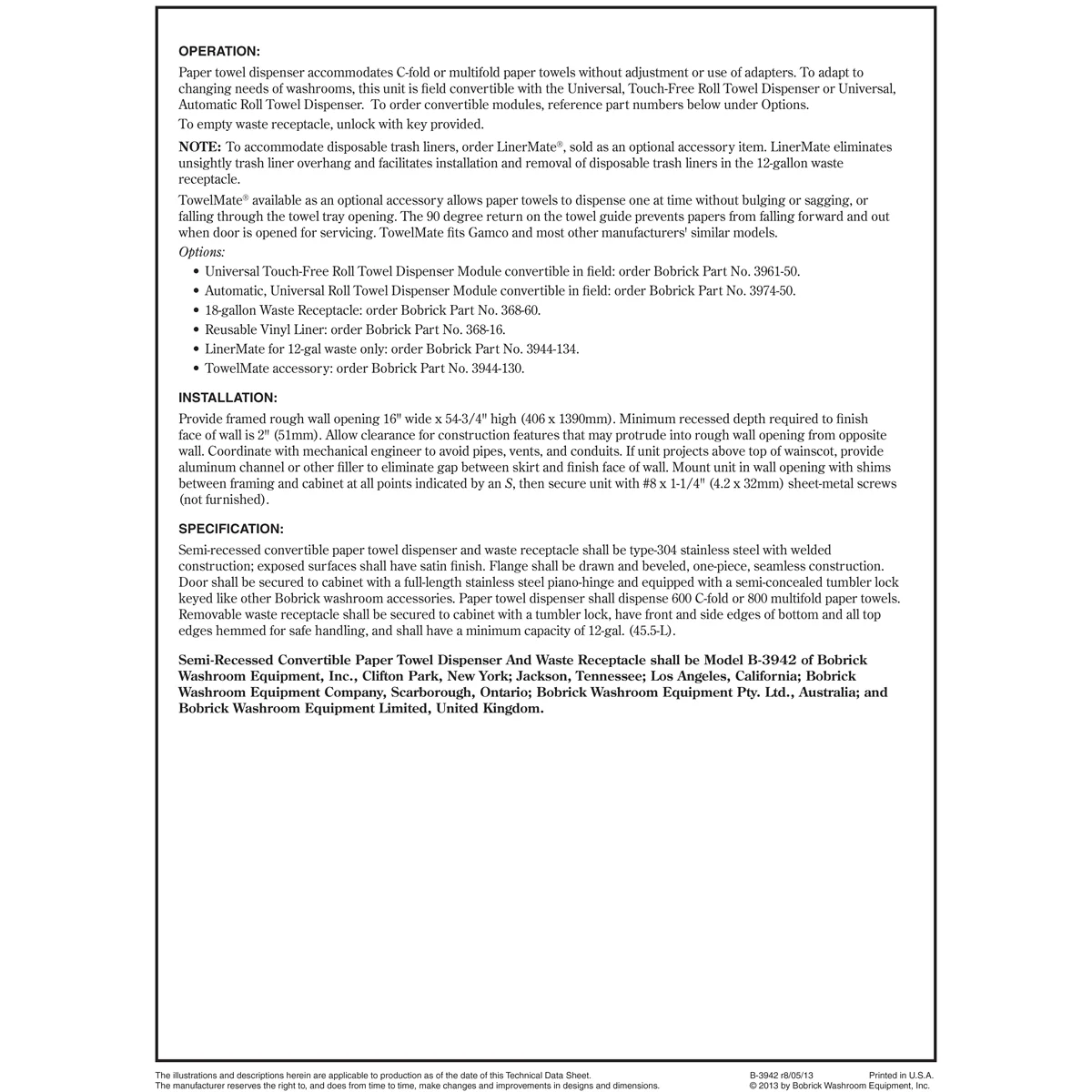 Bobrick B-3942 Combination Commercial Paper Towel Dispenser/Waste Receptacle, Semi-Recessed-Mounted, Stainless Steel - Image 5