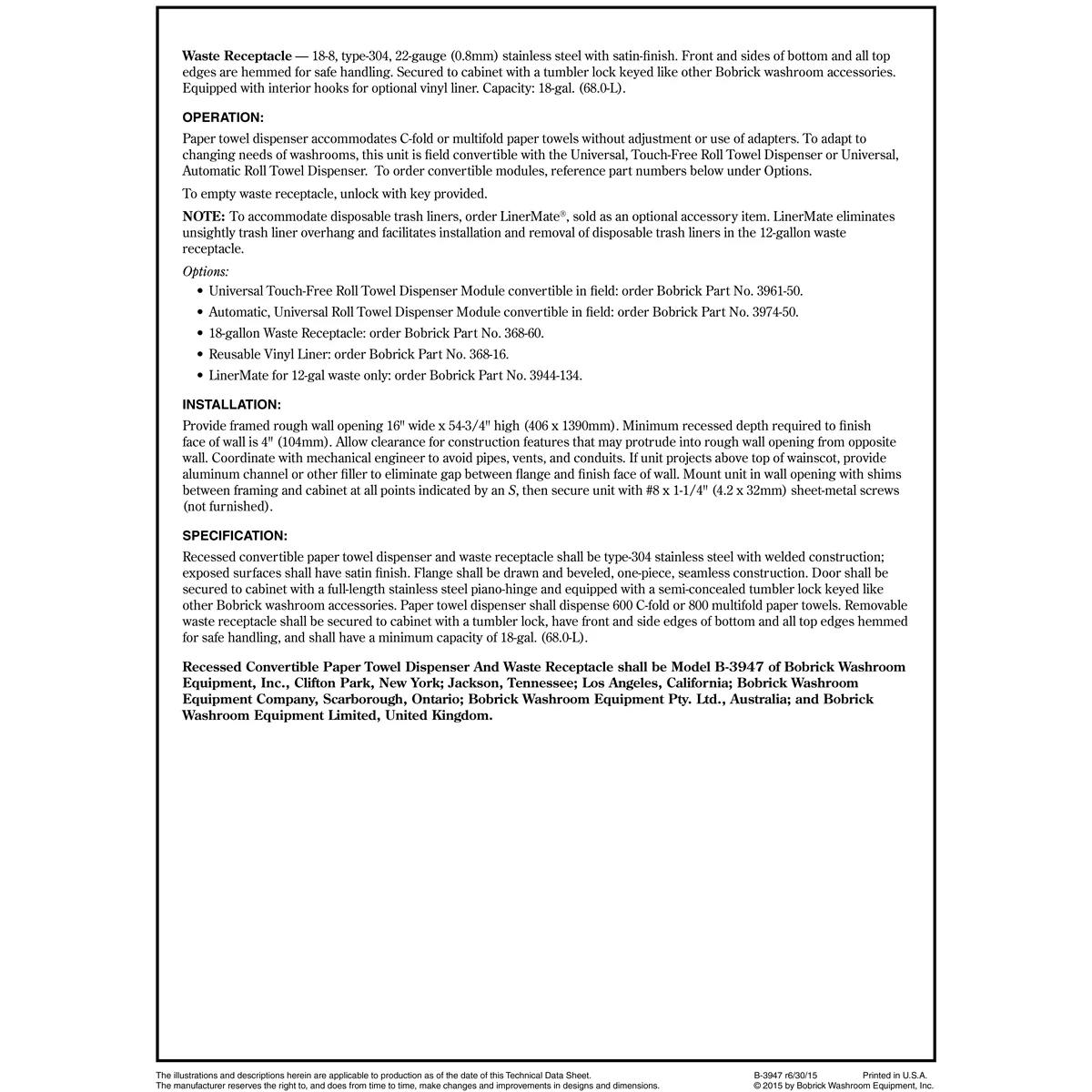 Bobrick B-3947 Combination Commercial Paper Towel Dispenser/Waste Receptacle, Recessed-Mounted, Stainless Steel - Image 4