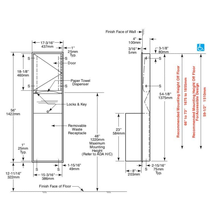 Bobrick B-3947 Combination Commercial Paper Towel Dispenser/Waste Receptacle, Recessed-Mounted, Stainless Steel - Image 6
