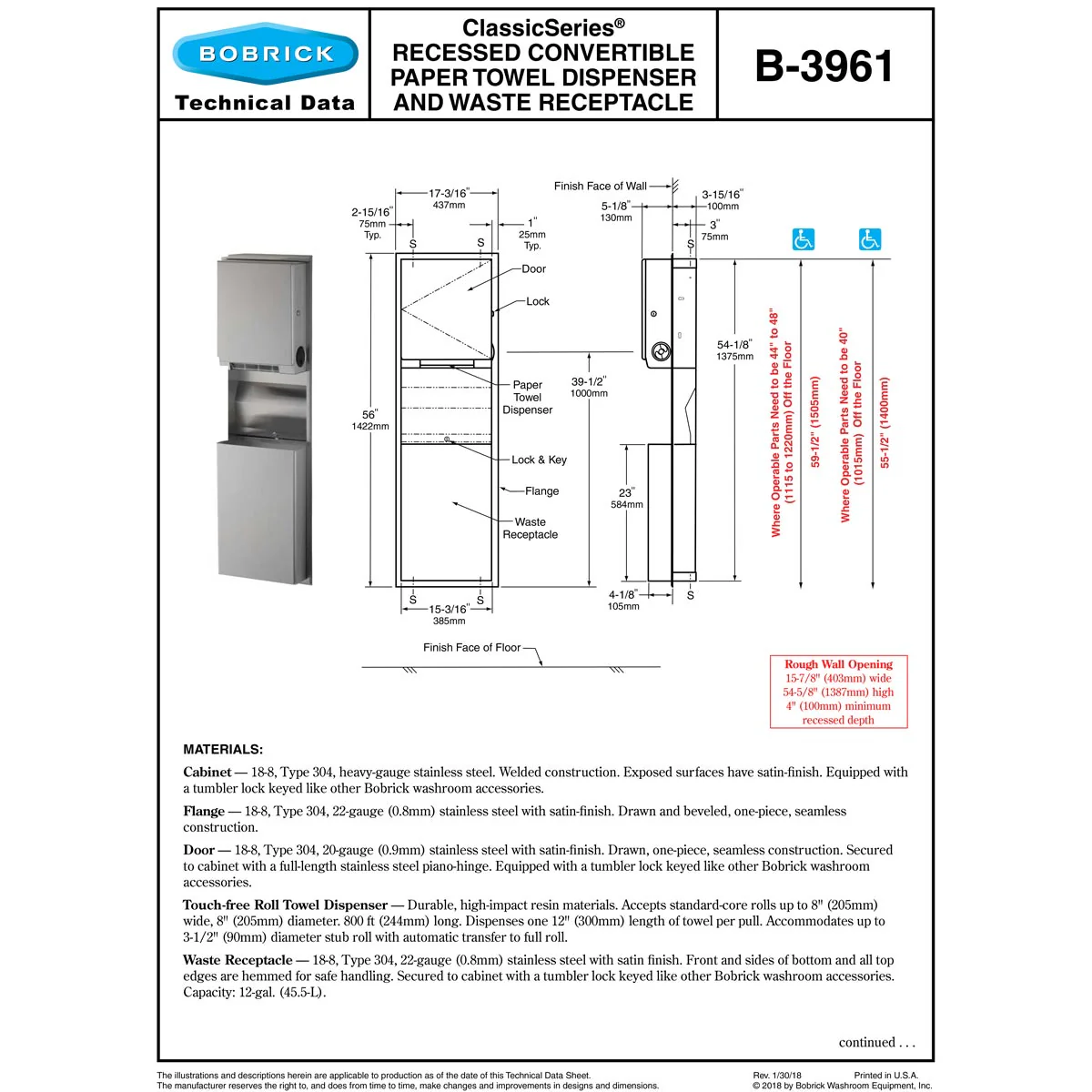 Bobrick B-3961 Combination Commercial Paper Towel Dispenser/Waste Receptacle, Recessed-Mounted, Stainless Steel - Image 5