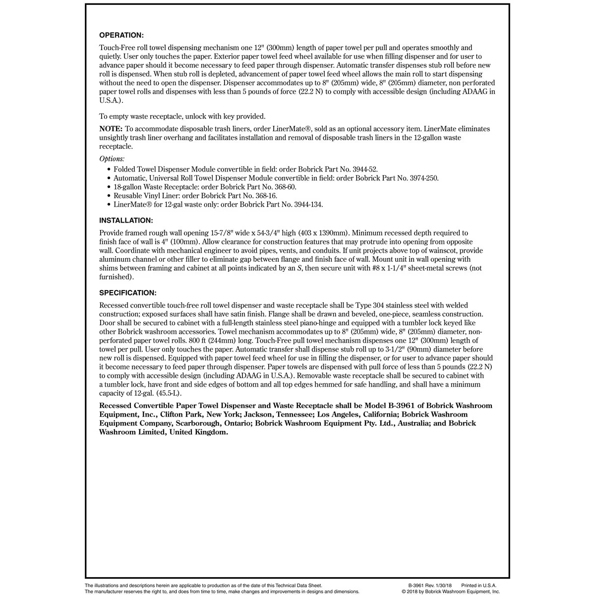 Bobrick B-3961 Combination Commercial Paper Towel Dispenser/Waste Receptacle, Recessed-Mounted, Stainless Steel - Image 6