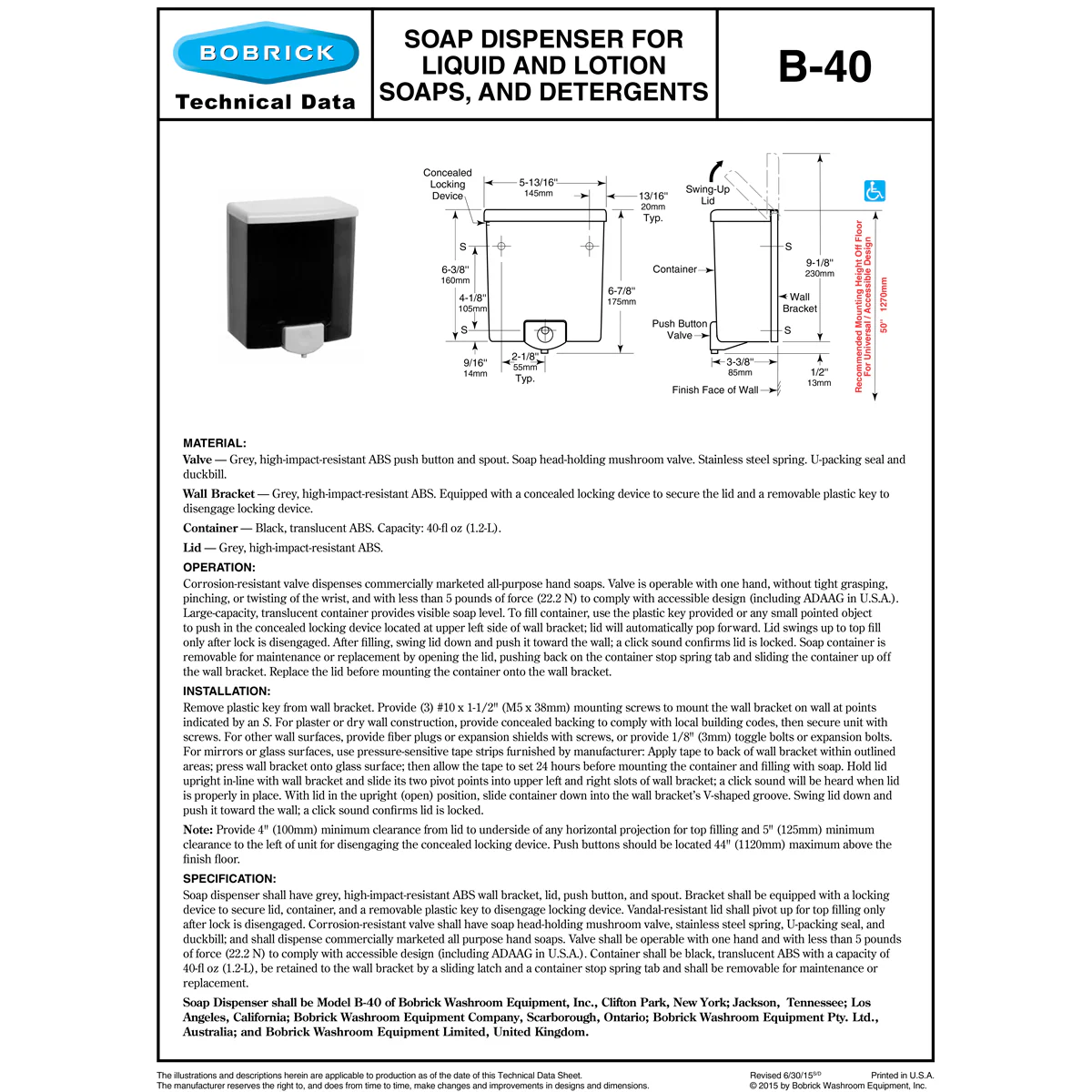 Bobrick B-40 Commercial Liquid Soap Dispenser, Surface-Mounted, Manual-Push, Plastic - 40 Oz - Image 5