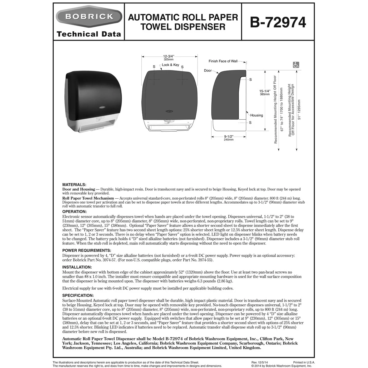 Bobrick B-72974 Automatic Commercial Paper Towel Dispenser, Surface-Mounted, Plastic - Image 4