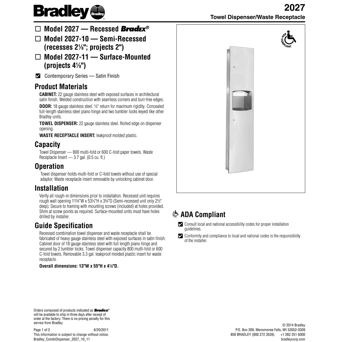 Bradley 2027-00 Combination Towel Dispenser/Waste Receptacle, Recessed-Mounted, Stainless Steel - Image 3