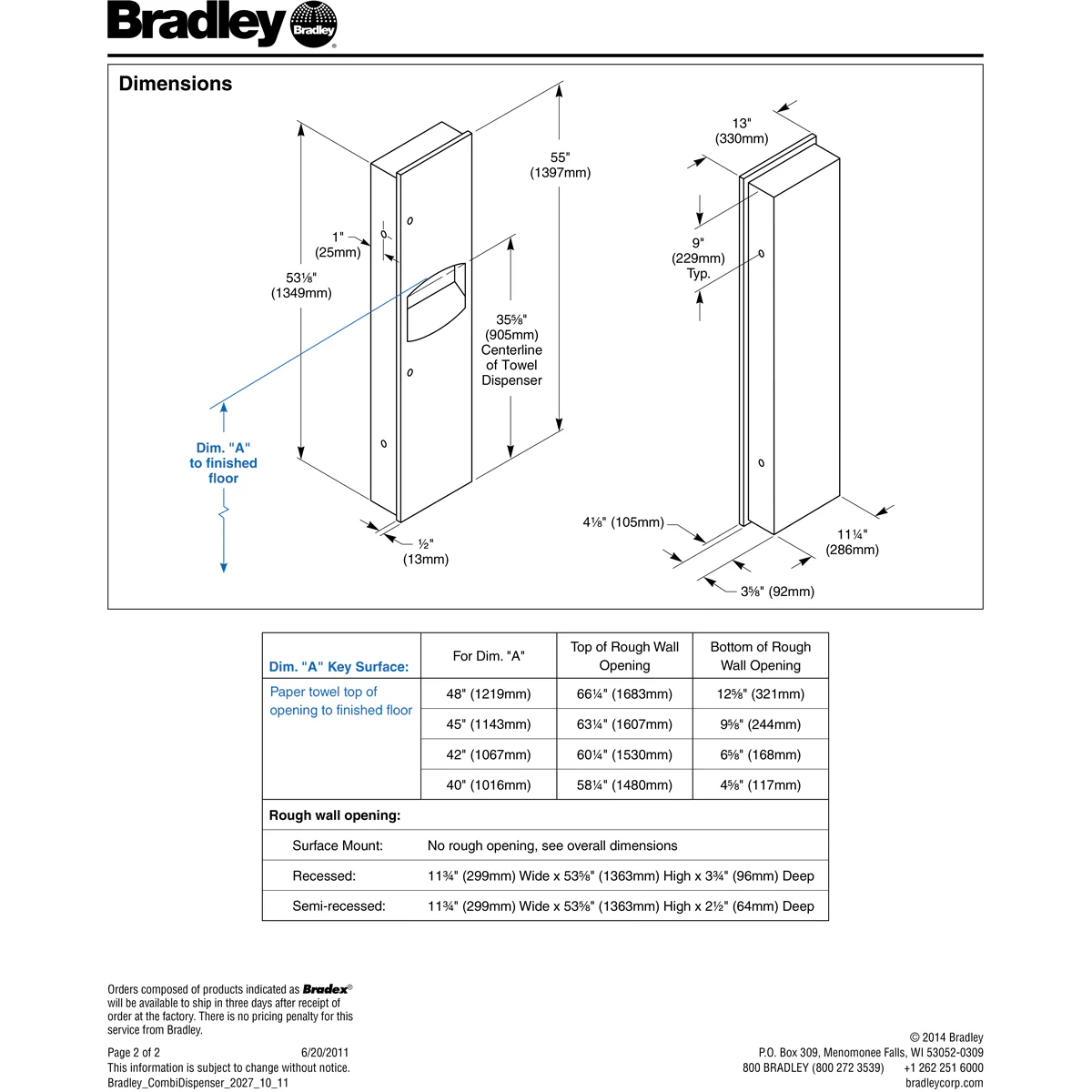 Bradley 2027-00 Combination Towel Dispenser/Waste Receptacle, Recessed-Mounted, Stainless Steel - Image 4