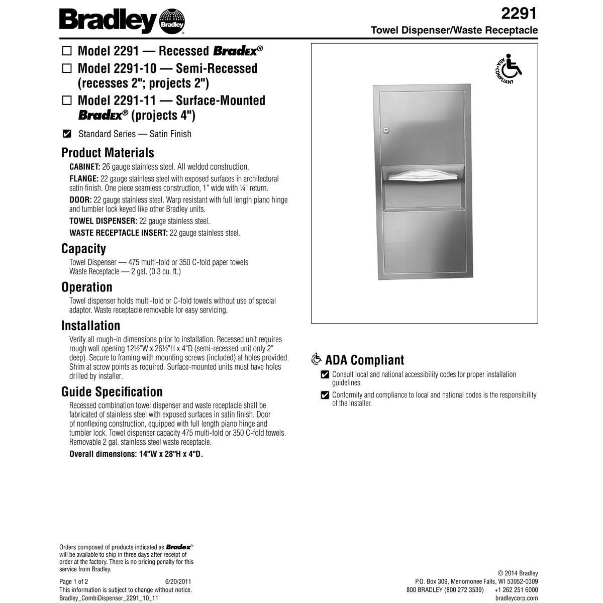 Bradley 2291-11 Combination Towel Dispenser/Waste Receptacle, Surface-Mounted, Stainless Steel - Image 3