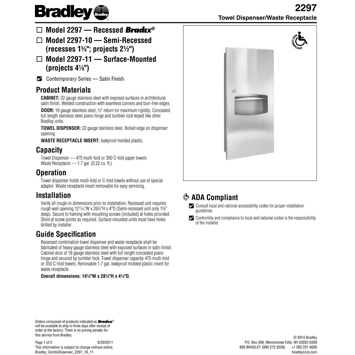 Bradley 2297-00 Combination Towel Dispenser/Waste Receptacle, Recessed-Mounted, Stainless Steel - Image 3