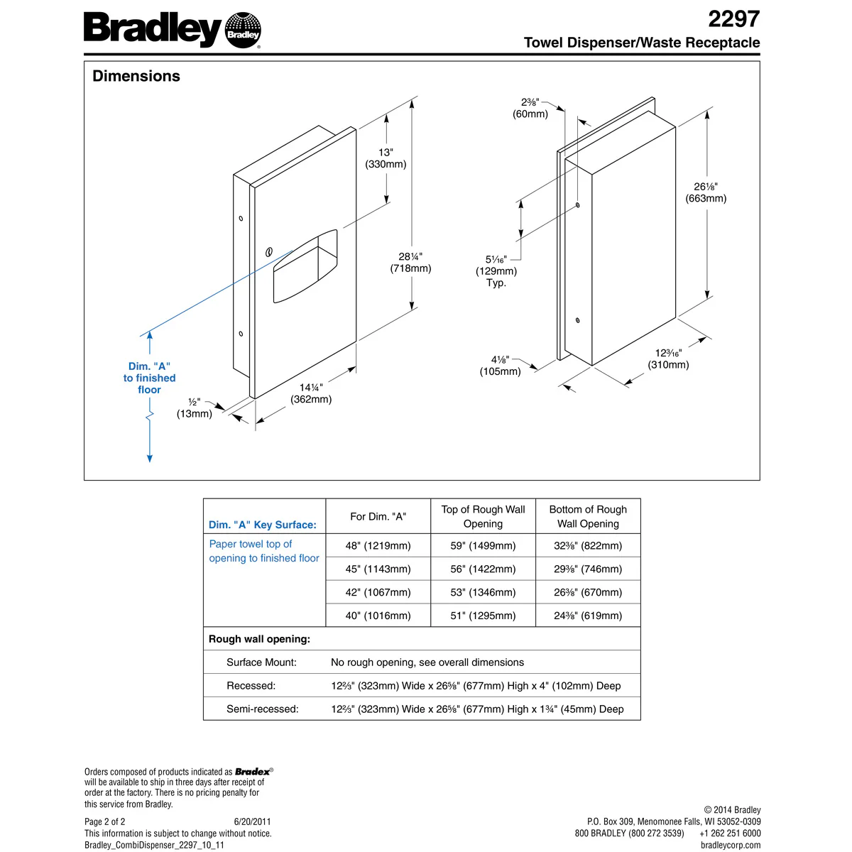 Bradley 2297-00 Combination Towel Dispenser/Waste Receptacle, Recessed-Mounted, Stainless Steel - Image 4