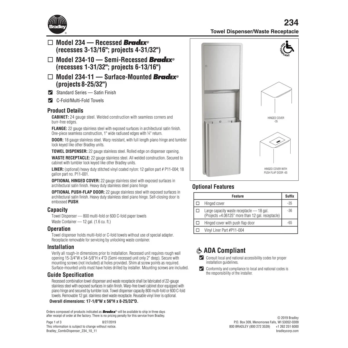 Bradley 234-00 Combination Towel Dispenser/Waste Receptacle, Recessed-Mounted, Stainless Steel - Image 4