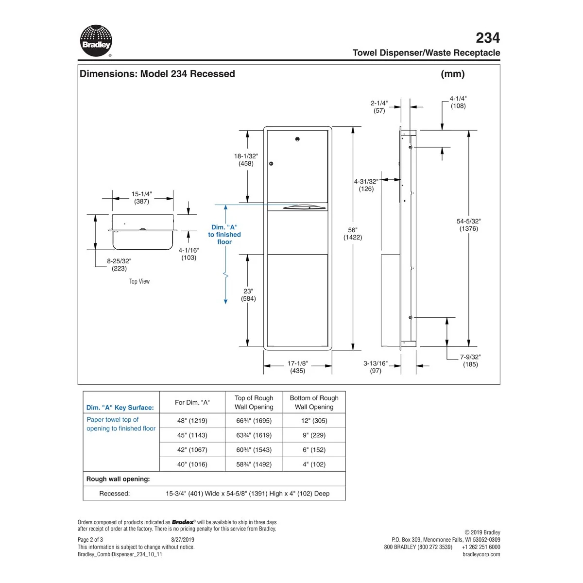 Bradley 234-00 Combination Towel Dispenser/Waste Receptacle, Recessed-Mounted, Stainless Steel - Image 5