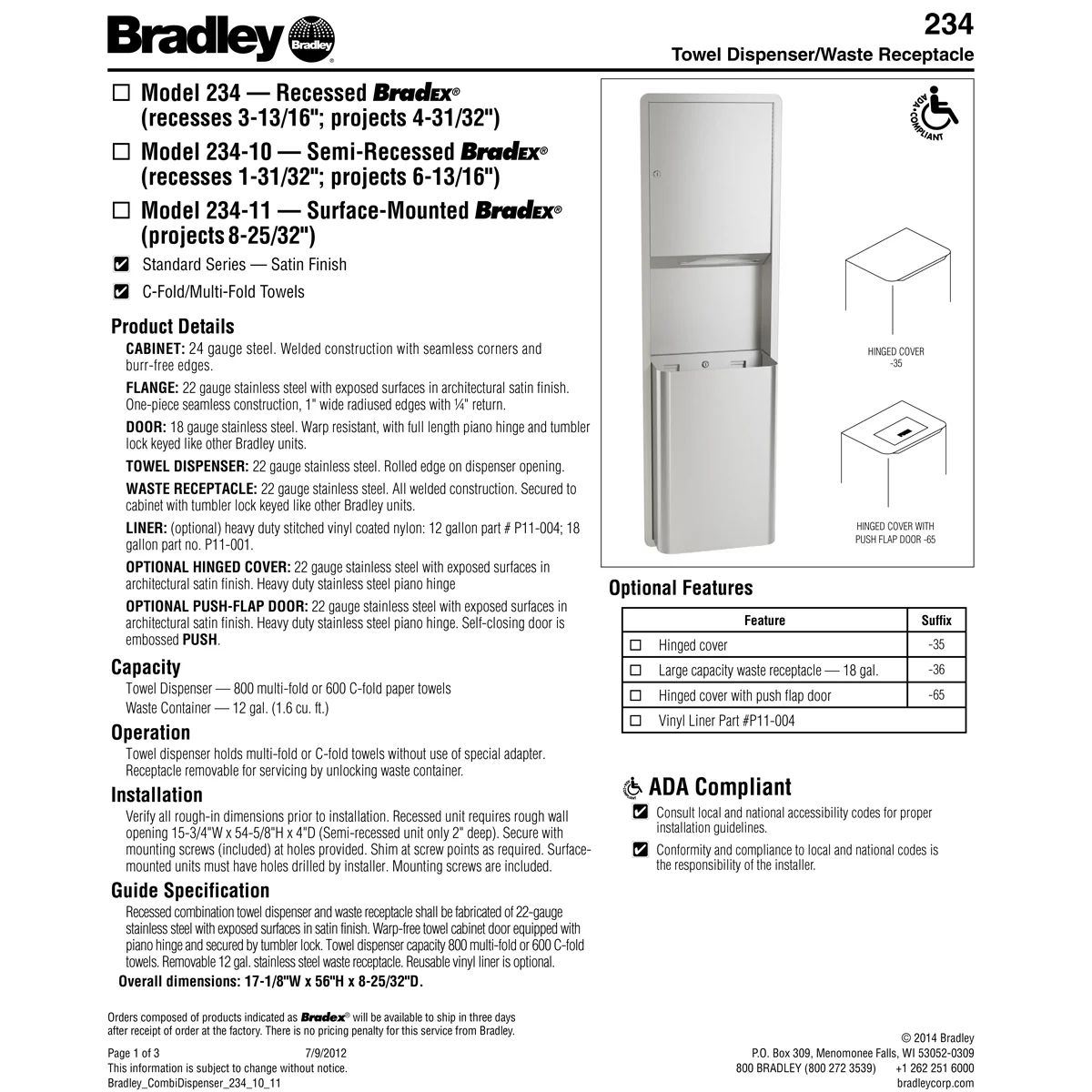 Bradley 234-1135 Commercial Paper Towel Dispenser/Waste Receptacle, Surface-Mounted, Stainless Steel - Image 3