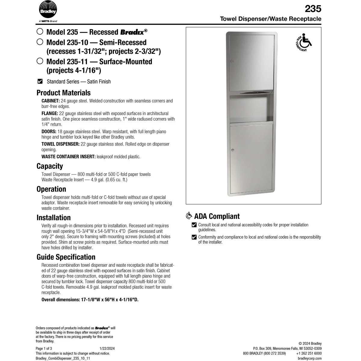 Bradley 235-11 Commercial Paper Towel Dispenser/Waste Receptacle, Surface-Mounted, Stainless Steel - Image 3