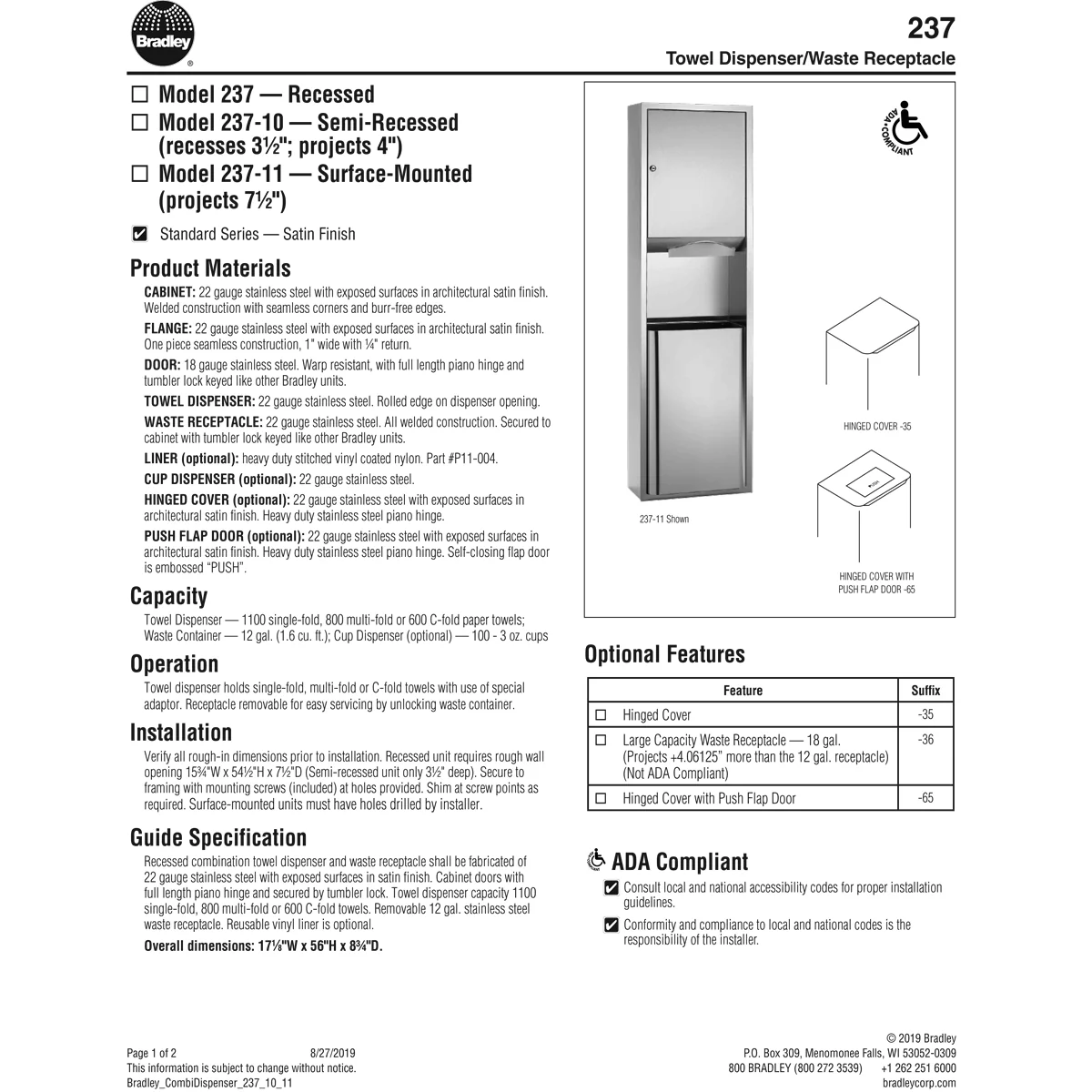 Bradley 237-10 Commercial Paper Towel Dispenser/Waste Receptacle, Semi-Recessed-Mounted, Stainless Steel - Image 3