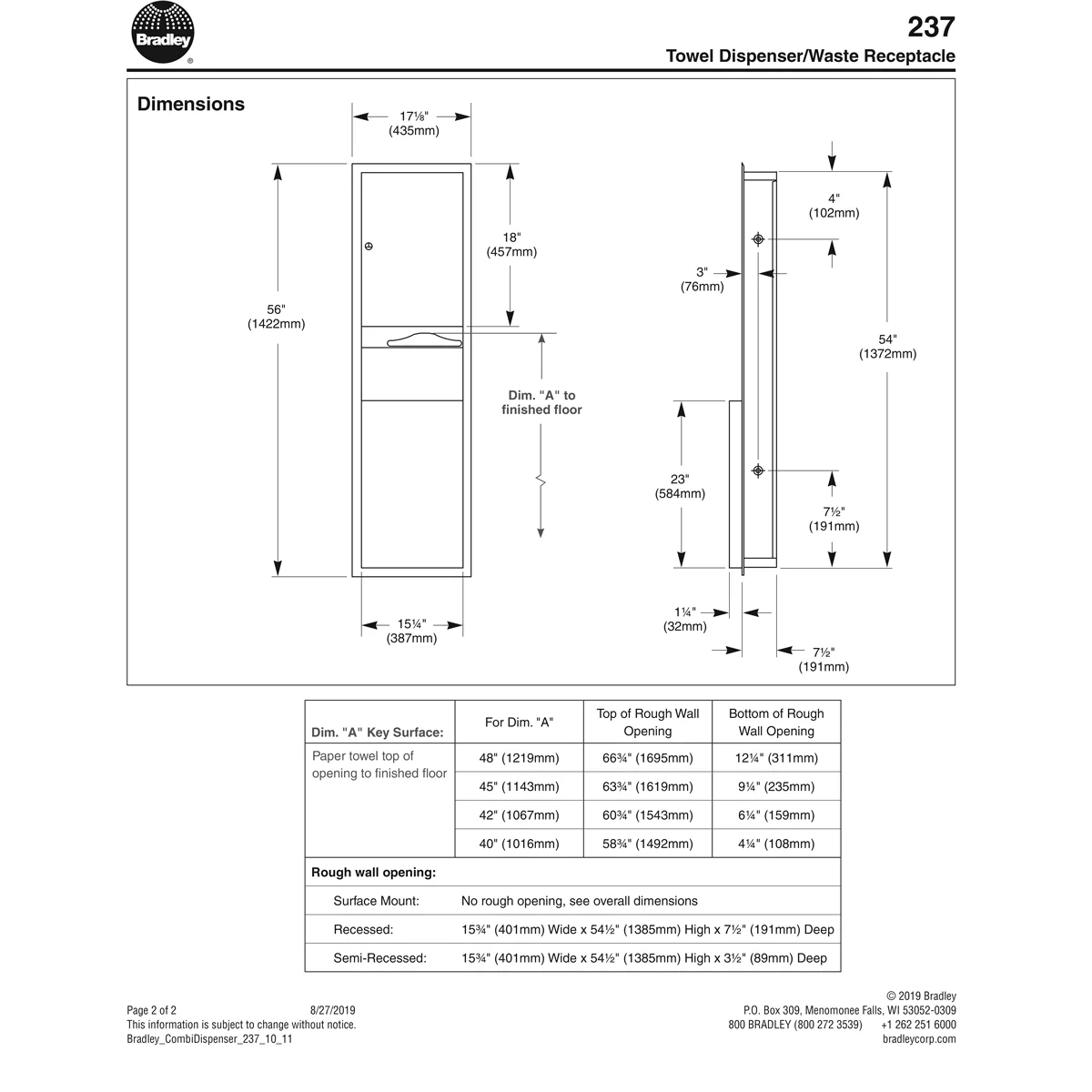 Bradley 237-10 Commercial Paper Towel Dispenser/Waste Receptacle, Semi-Recessed-Mounted, Stainless Steel - Image 4