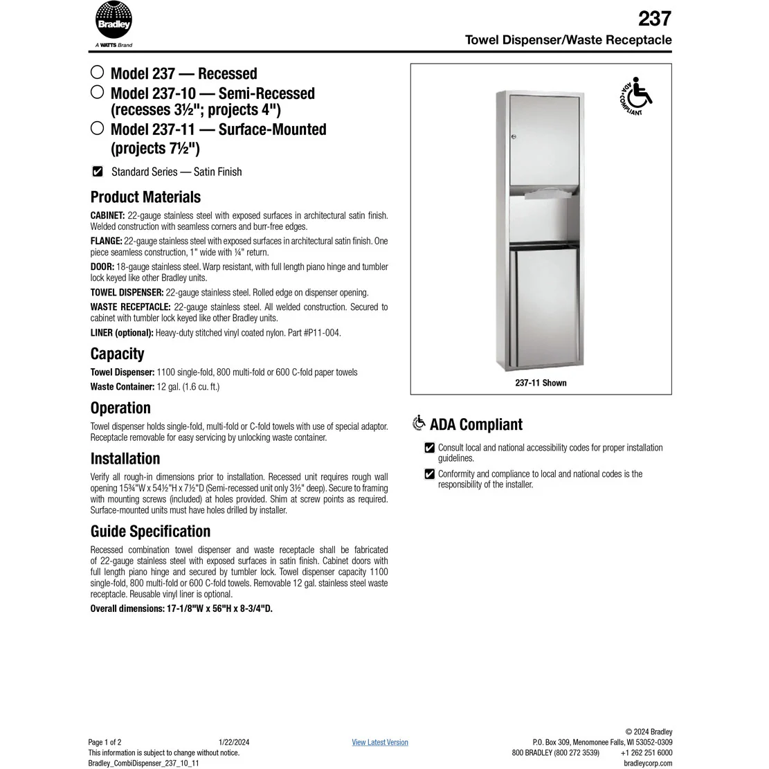 Bradley 237-11 Commercial Paper Towel Dispenser/Waste Receptacle, Surface-Mounted, Stainless Steel - Image 4