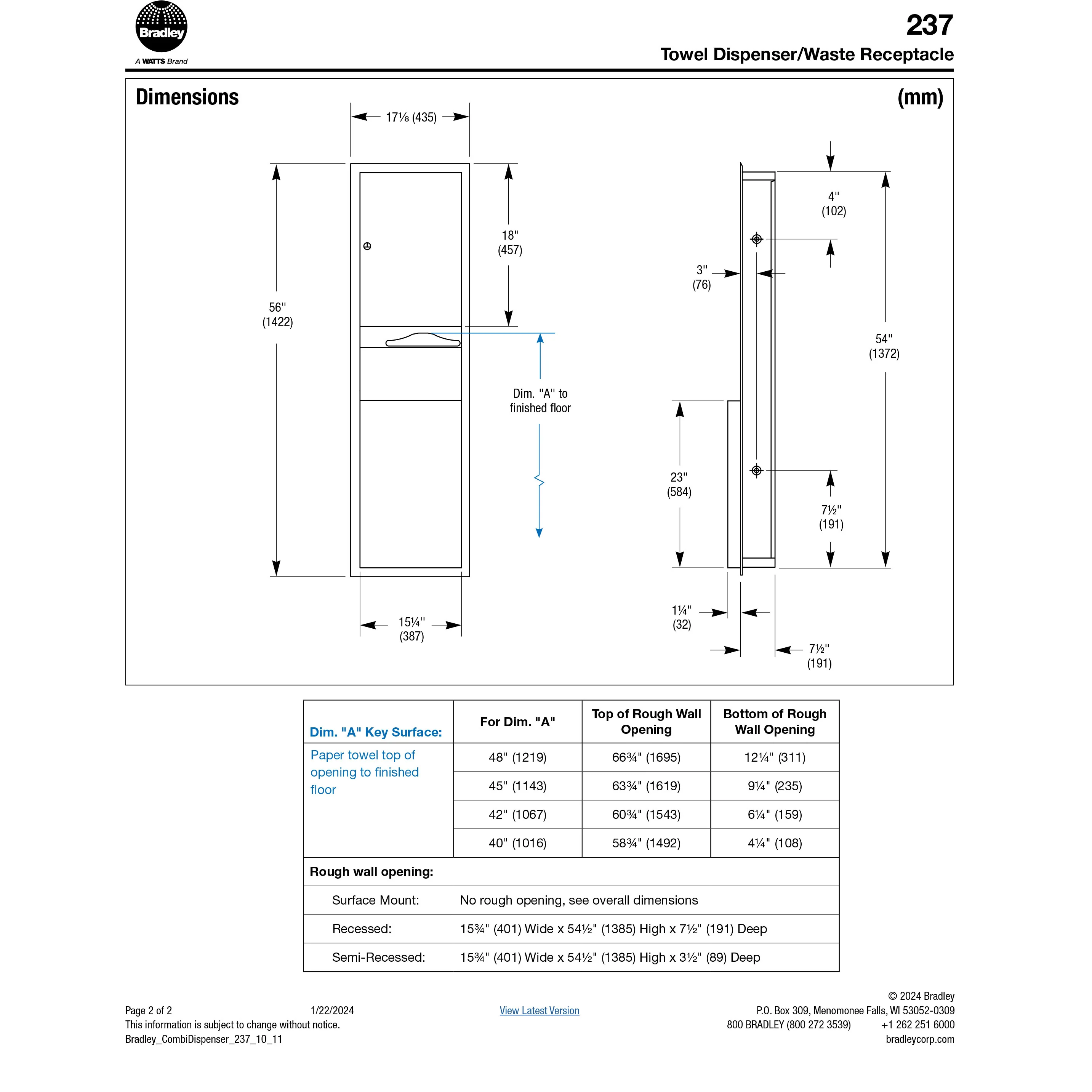 Bradley 237-11 Commercial Paper Towel Dispenser/Waste Receptacle, Surface-Mounted, Stainless Steel - Image 5