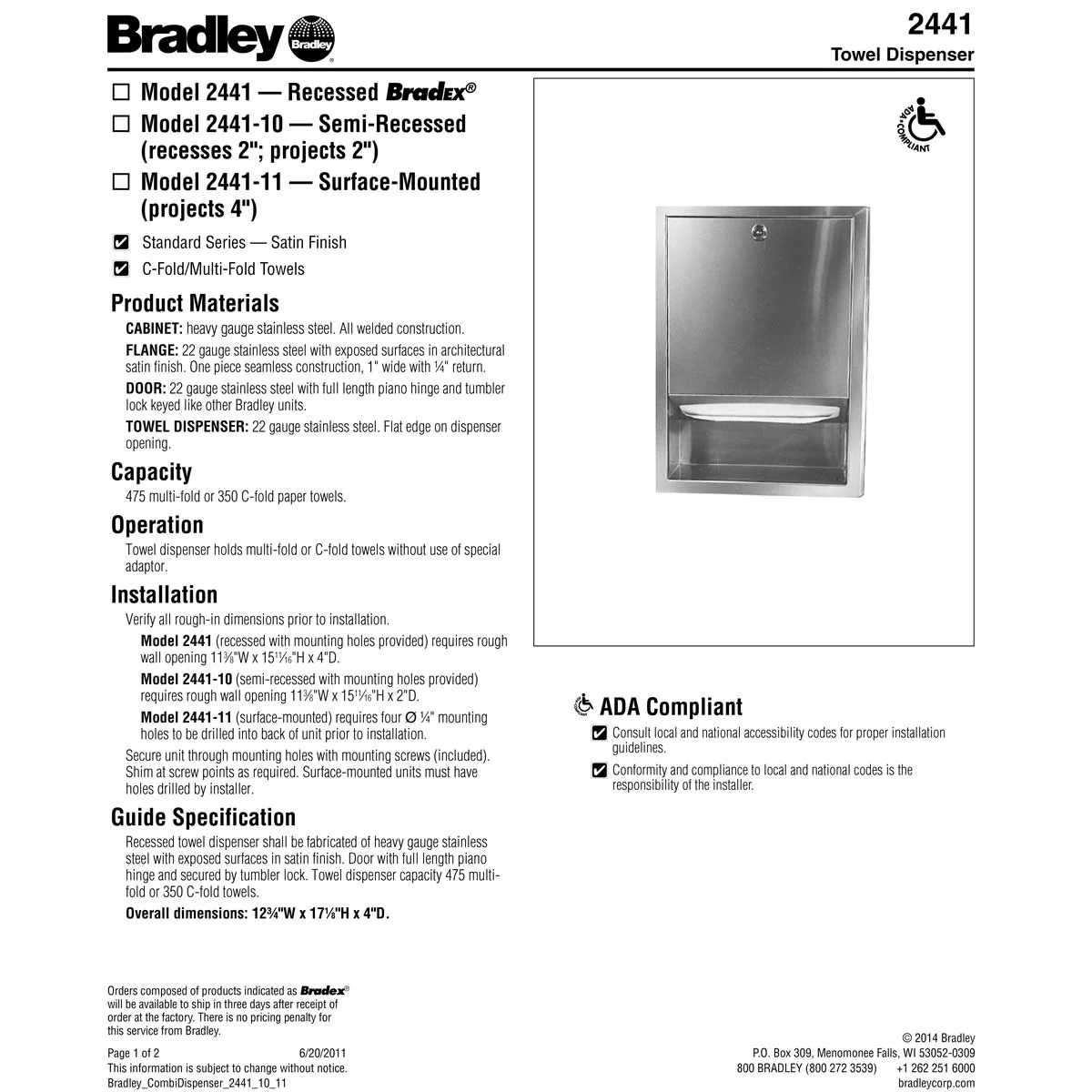 Bradley 2441-11 Commercial BX-Paper Towel Dispenser, Surface Mounted, Stainless Steel - Image 7