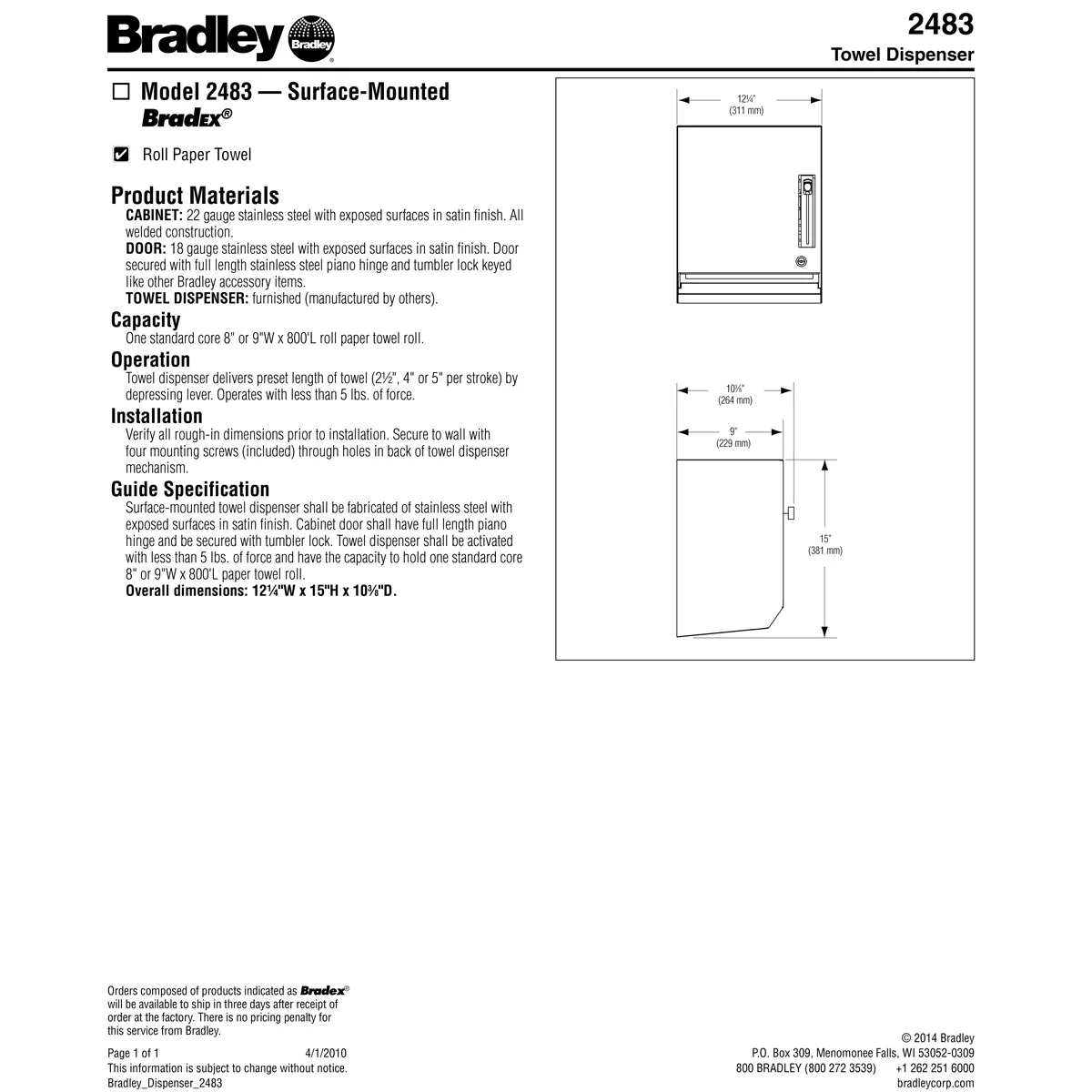 Bradley Towel Dispenser 2483-00 Commercial BX-Paper Towel Dispenser, Surface-Mounted, Stainless Steel - Image 4