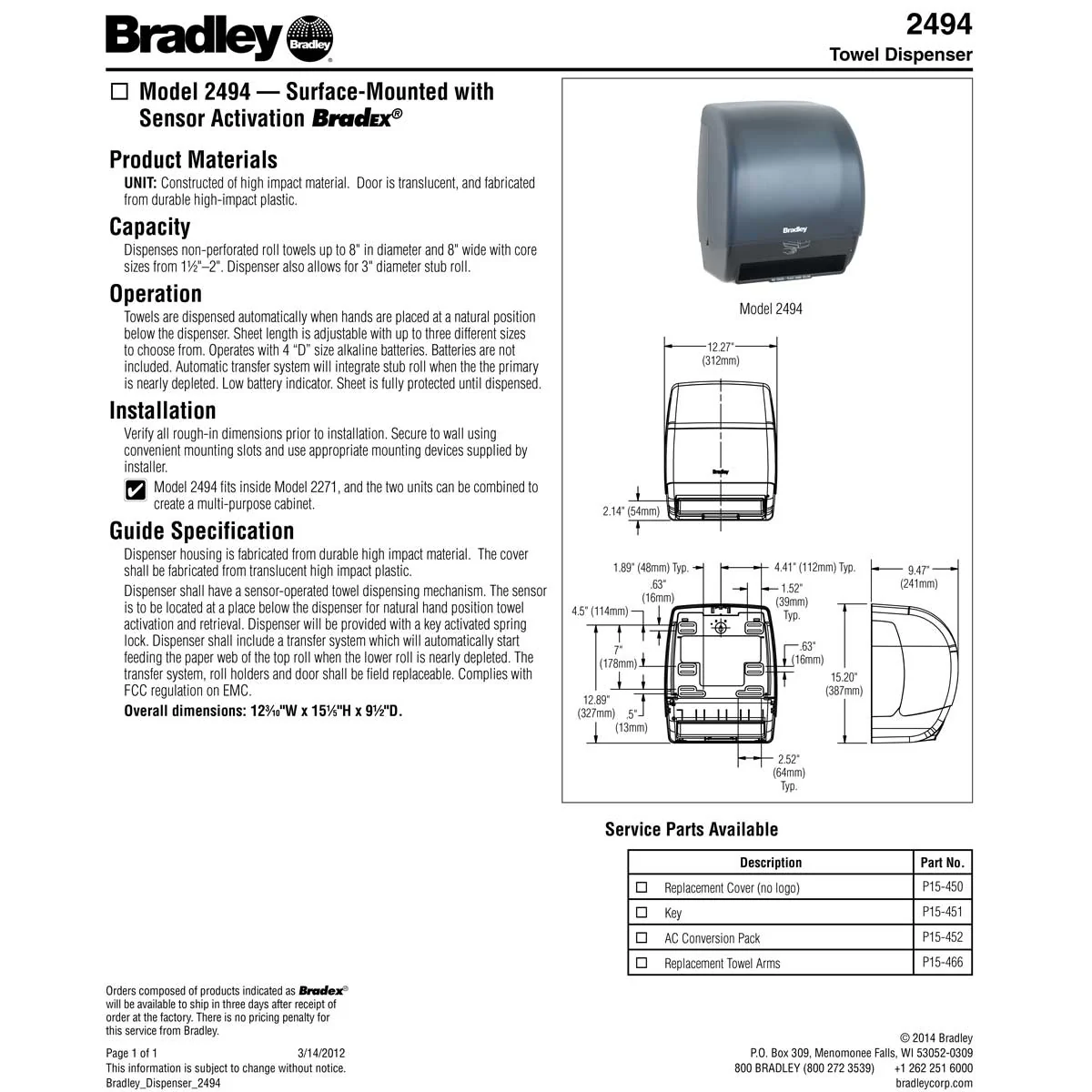 Bradley 2494 Commercial Paper Towel Dispenser, Surface-Mounted, Plastic - Image 6
