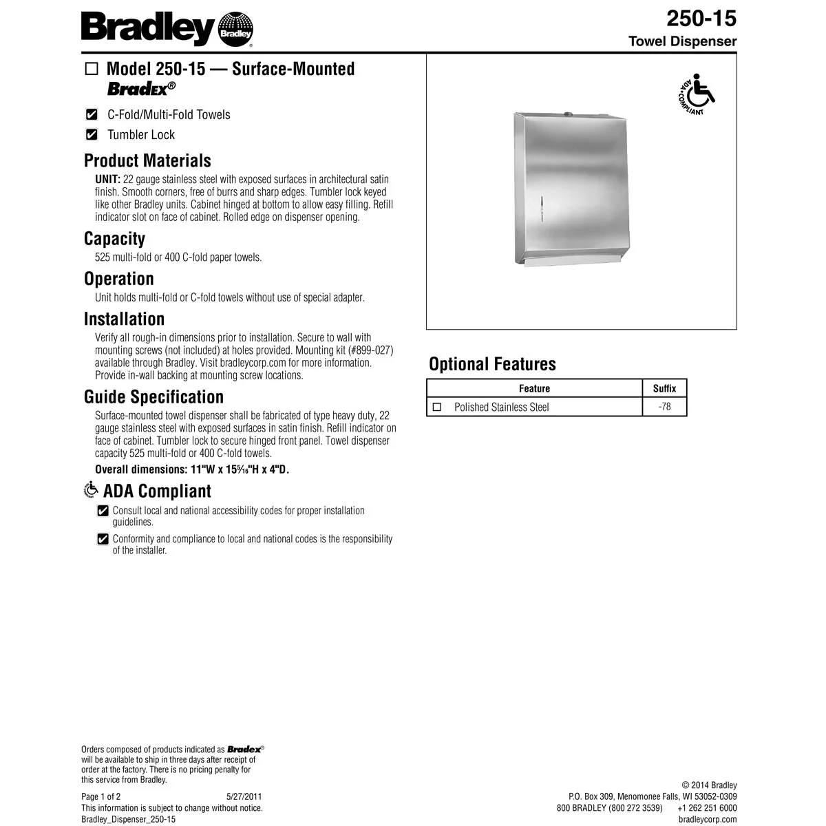 Bradley 250-15 Commercial BX-Paper Towel Dispenser, Surface-Mounted, Stainless Steel - Image 8