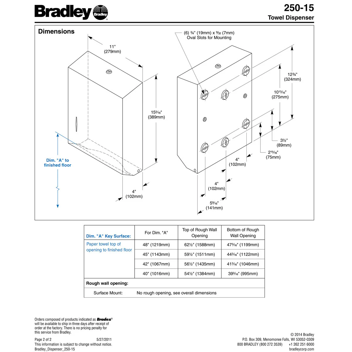 Bradley 250-15 Commercial BX-Paper Towel Dispenser, Surface-Mounted, Stainless Steel - Image 9