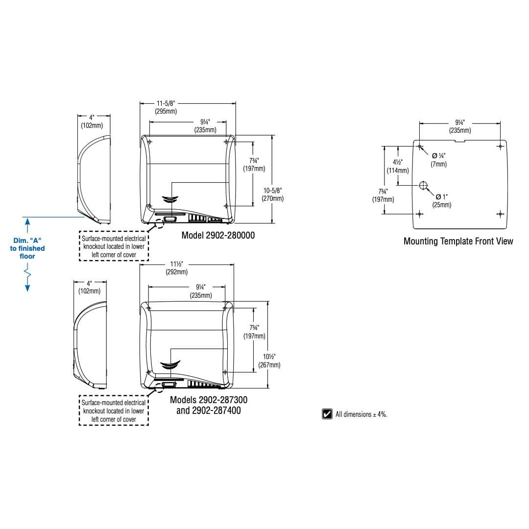 Bradley 2902-2874 Automatic High Efficiency Hand Dryer, 110-120/208/220-240 Volt, Surface-Mounted, Stainless Steel - Image 7