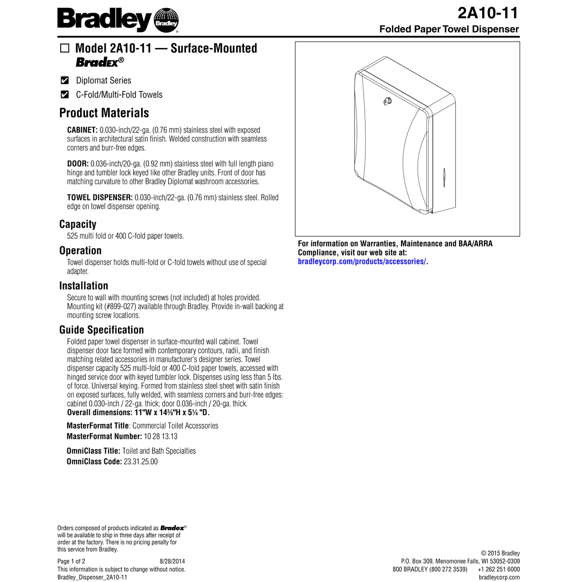 Bradley 2A10-11 Commercial Paper Towel Dispenser, Surface-Mounted, Stainless Steel - Image 3