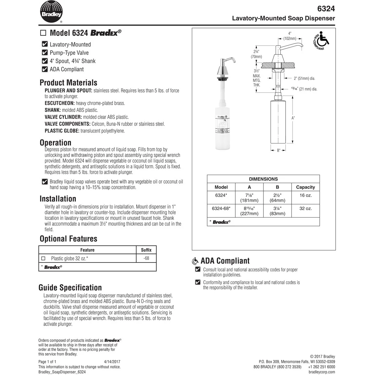 Bradley 6324-68 Commercial Liquid Soap Dispenser, Countertop Mounted, Manual-Push, Stainless Steel - 4" Spout Length - Image 8